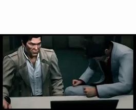Blurred Kazuma Kiryu Slams a Desk and leaves white box meme template