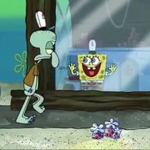 Blurred Spongebob following Squidward meme template