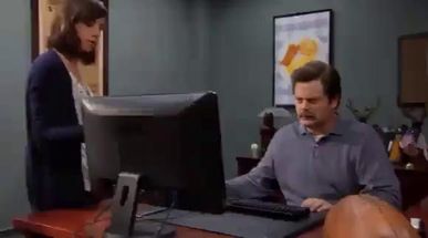 Blurred Ron Swanson trash computer meme template