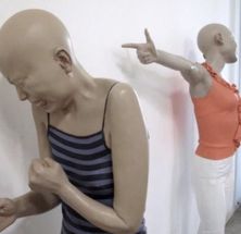 Blurred mannequin pointing at crying mannequin meme template